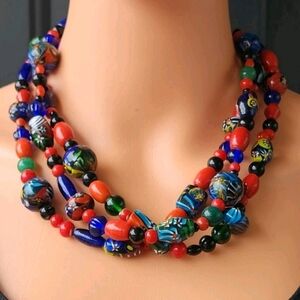 Vtg African Trade Beads Venetian Millefiori Art Glass 3 Strand Chunky Necklace